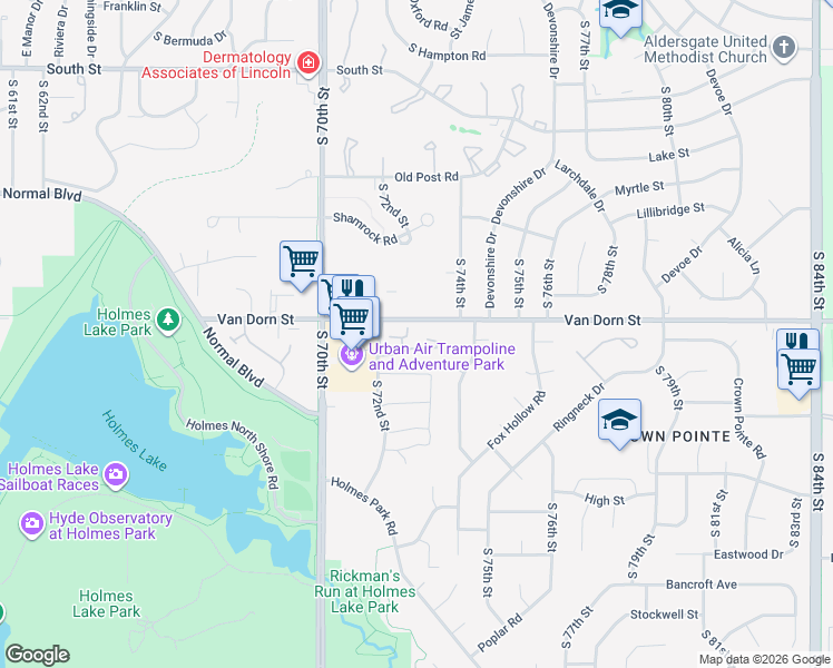 map of restaurants, bars, coffee shops, grocery stores, and more near 2820 South 72nd Street in Lincoln