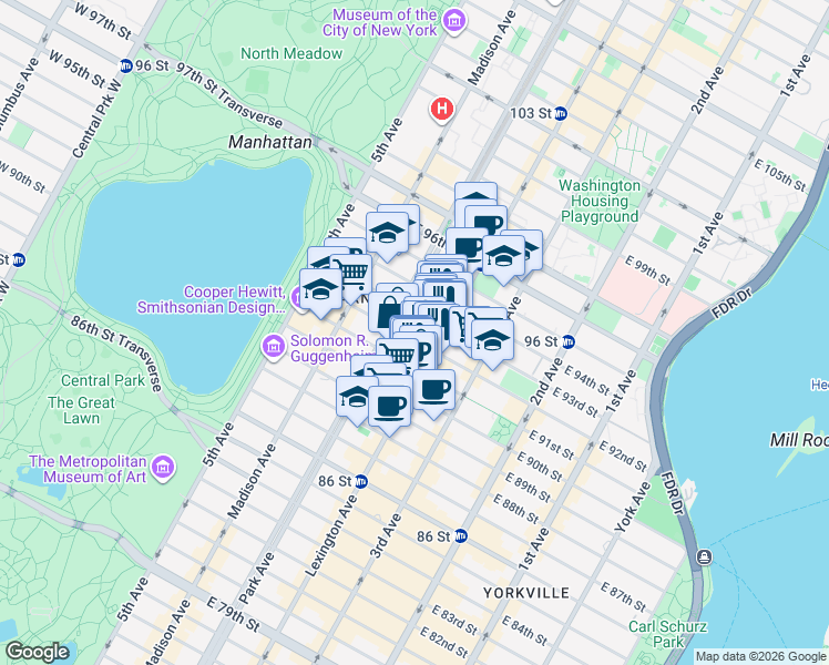 map of restaurants, bars, coffee shops, grocery stores, and more near 111 East 92nd Street in New York