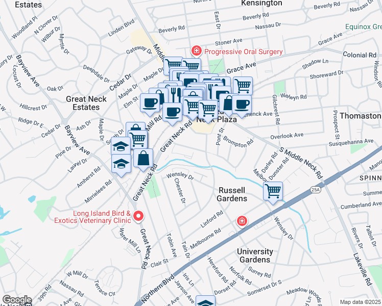map of restaurants, bars, coffee shops, grocery stores, and more near 38 Knightsbridge Road in Great Neck