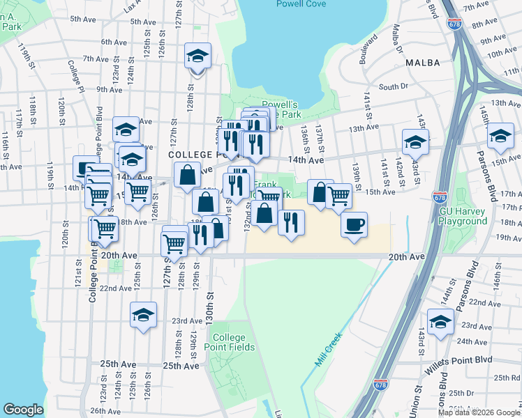map of restaurants, bars, coffee shops, grocery stores, and more near 15-07 132nd Street in Queens