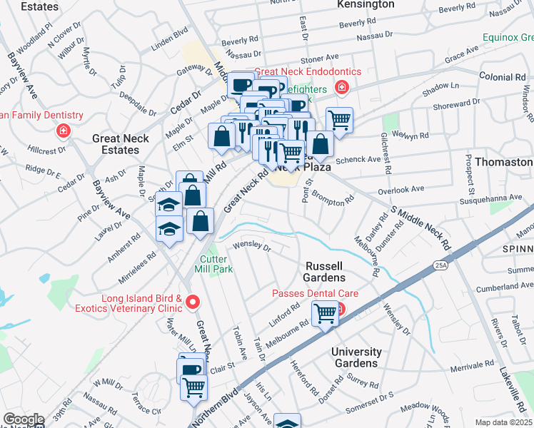 map of restaurants, bars, coffee shops, grocery stores, and more near 80 Knightsbridge Road in Great Neck Plaza