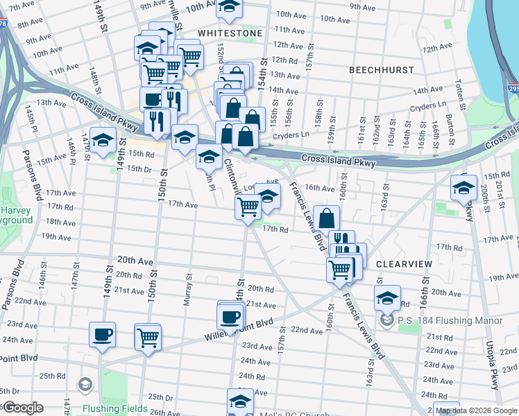 map of restaurants, bars, coffee shops, grocery stores, and more near 16-64 155th Street in Queens