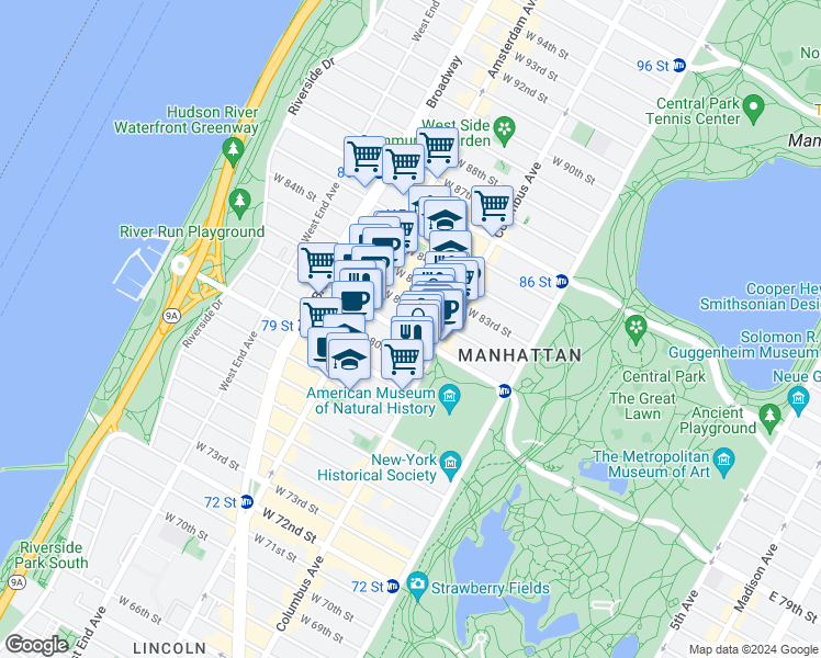 map of restaurants, bars, coffee shops, grocery stores, and more near 133 West 81st Street in New York