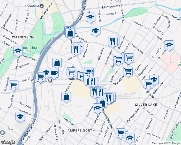 map of restaurants, bars, coffee shops, grocery stores, and more near 263 Bloomfield Avenue in Bloomfield