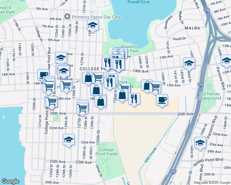 map of restaurants, bars, coffee shops, grocery stores, and more near 15-07 132nd Street in Queens