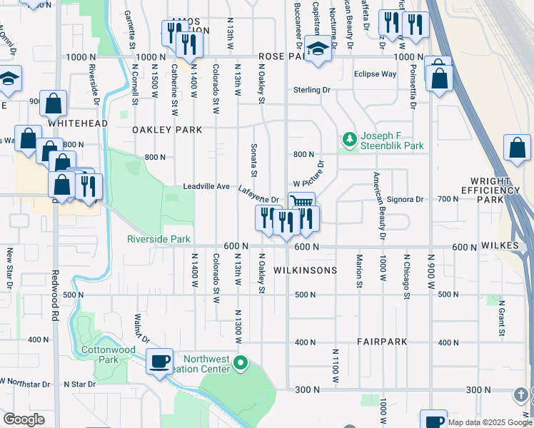 map of restaurants, bars, coffee shops, grocery stores, and more near 664 North Oakley Street in Salt Lake City