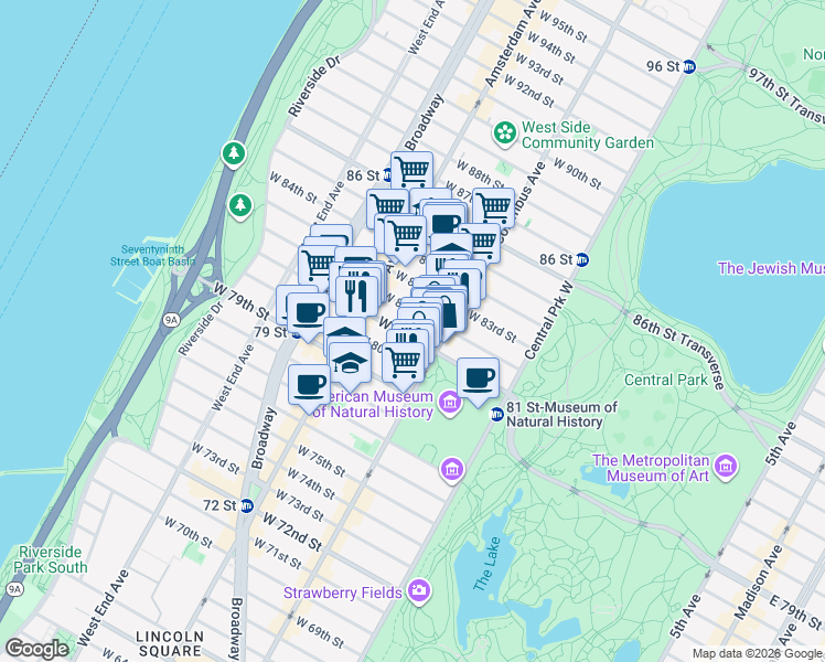 map of restaurants, bars, coffee shops, grocery stores, and more near 129 West 81st Street in New York