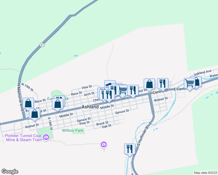 map of restaurants, bars, coffee shops, grocery stores, and more near 215 North 9th Street in Ashland