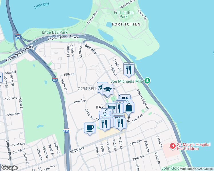 map of restaurants, bars, coffee shops, grocery stores, and more near 16-57 212th Street in Queens