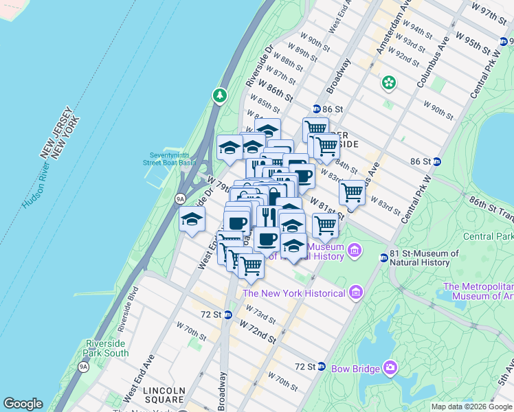 map of restaurants, bars, coffee shops, grocery stores, and more near Broadway & W 79th St in New York