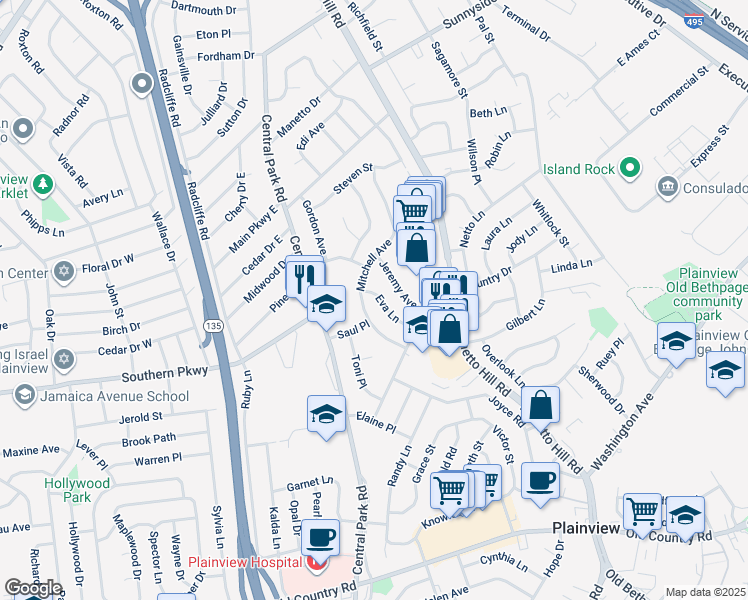 map of restaurants, bars, coffee shops, grocery stores, and more near 12 Eva Lane in Plainview