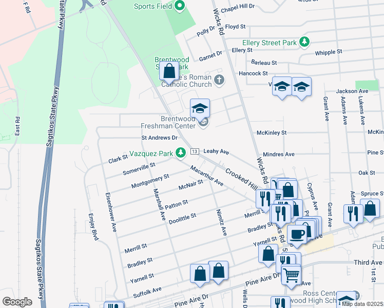 map of restaurants, bars, coffee shops, grocery stores, and more near 290 Crooked Hill Road in Brentwood