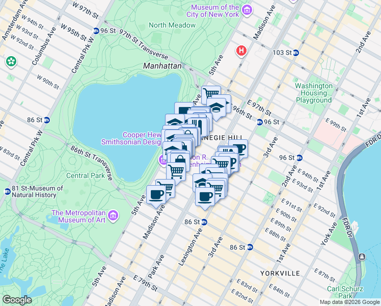 map of restaurants, bars, coffee shops, grocery stores, and more near 36 East 91st Street in New York