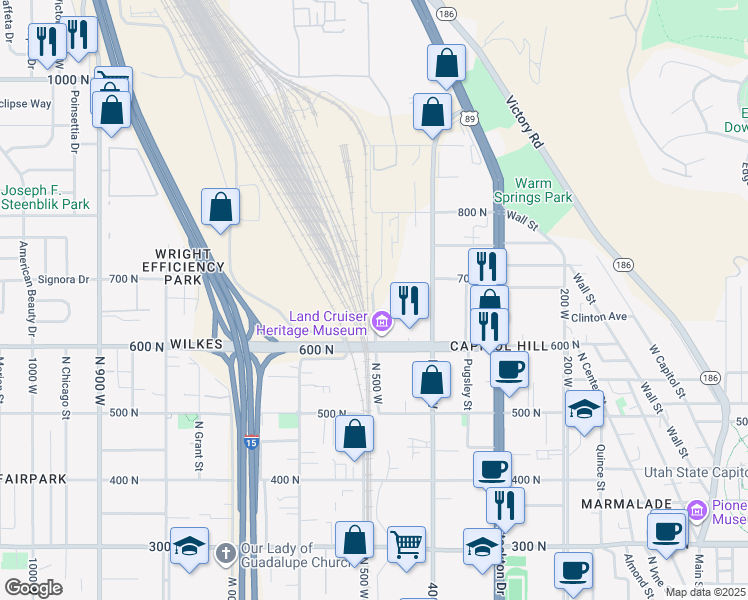 map of restaurants, bars, coffee shops, grocery stores, and more near 1132 North 5th West in Salt Lake City
