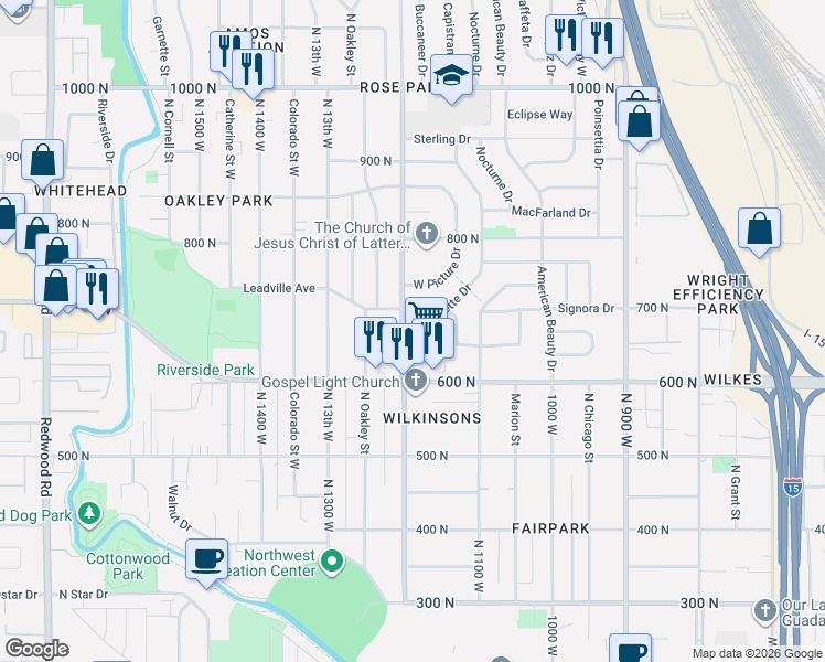 map of restaurants, bars, coffee shops, grocery stores, and more near 660 North 1200 West in Salt Lake City