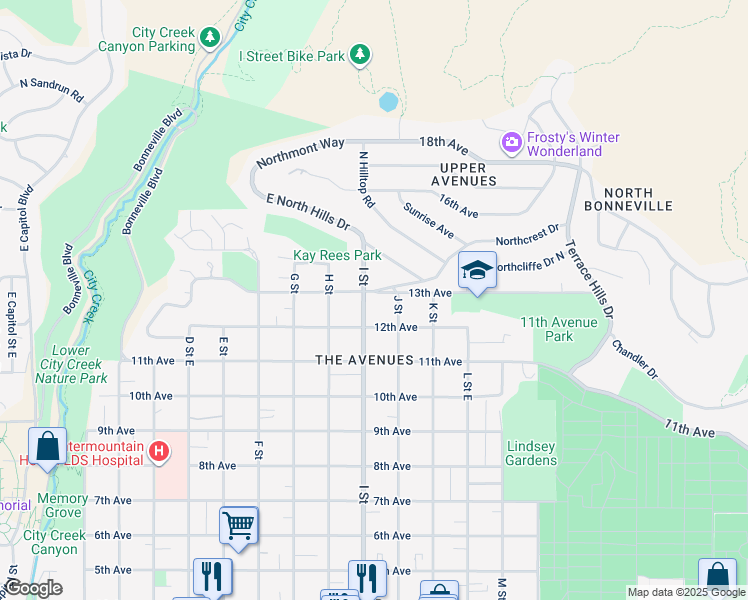 map of restaurants, bars, coffee shops, grocery stores, and more near 610 I Street in Salt Lake City