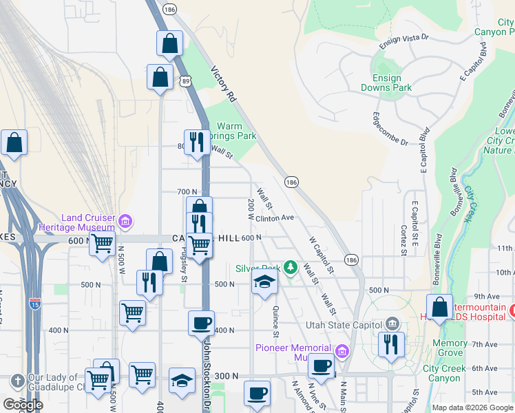 map of restaurants, bars, coffee shops, grocery stores, and more near 641 North 200 West in Salt Lake City