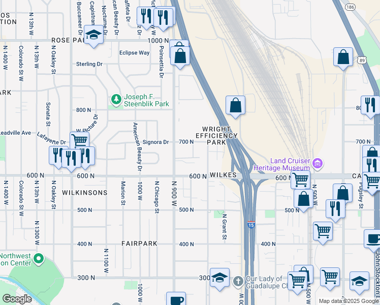 map of restaurants, bars, coffee shops, grocery stores, and more near 850 North Diamond Rose Circle in Salt Lake City