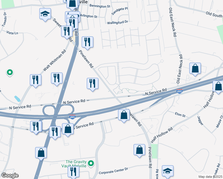 map of restaurants, bars, coffee shops, grocery stores, and more near 162 Brattle Circle in Melville