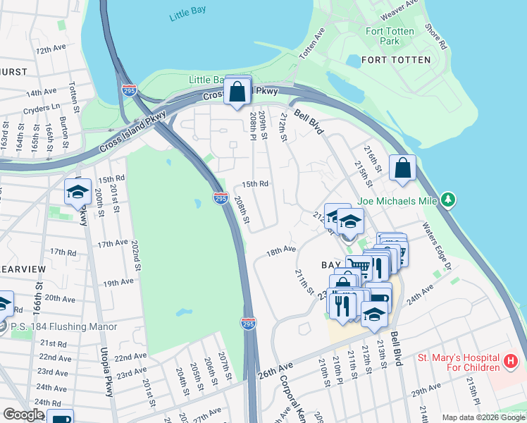 map of restaurants, bars, coffee shops, grocery stores, and more near 15-89 208th Place in Queens