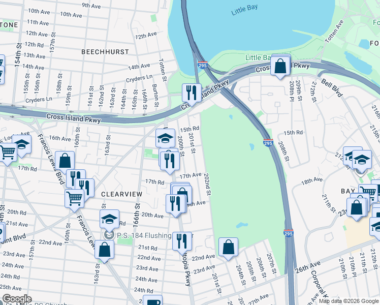 map of restaurants, bars, coffee shops, grocery stores, and more near 16-27 201st Street in Queens