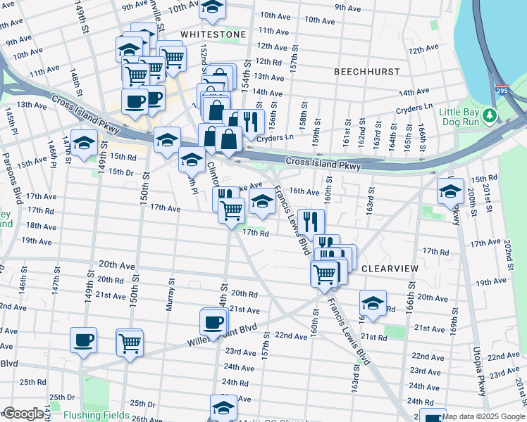 map of restaurants, bars, coffee shops, grocery stores, and more near 16-54 157th Street in Queens