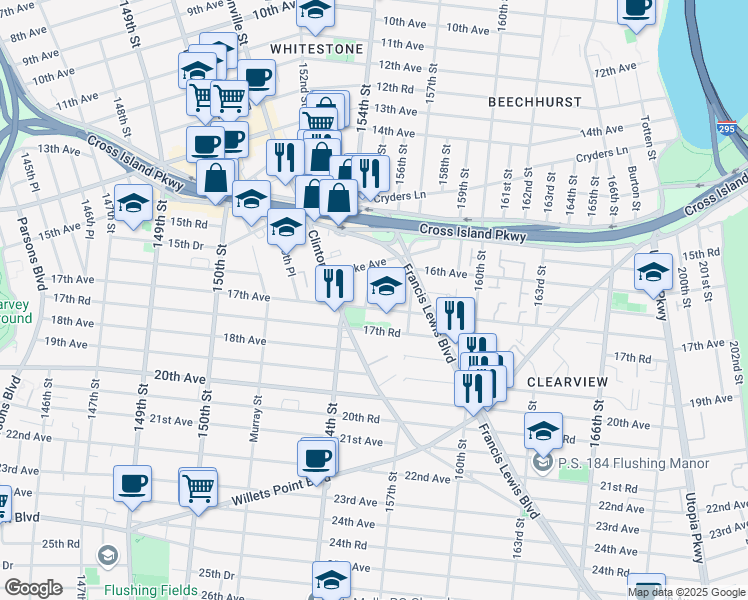 map of restaurants, bars, coffee shops, grocery stores, and more near 16-64 155th Street in Queens