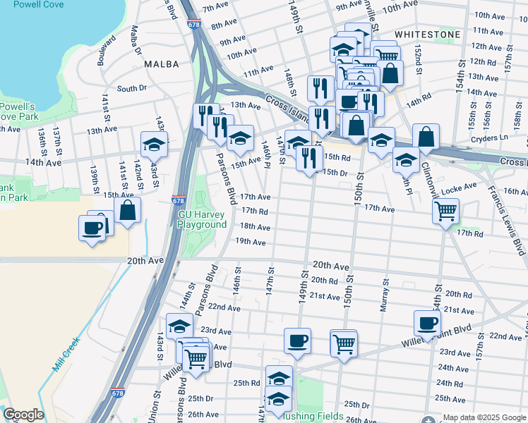map of restaurants, bars, coffee shops, grocery stores, and more near 145-48 17th Road in Queens