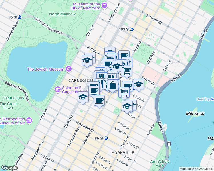 map of restaurants, bars, coffee shops, grocery stores, and more near 176 East 93rd Street in New York