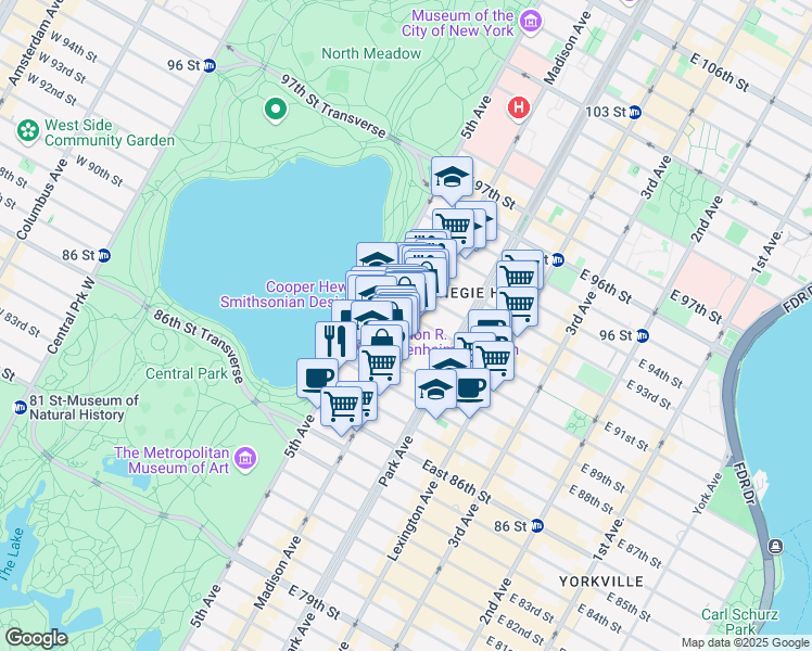 map of restaurants, bars, coffee shops, grocery stores, and more near 12 East 89th Street in New York