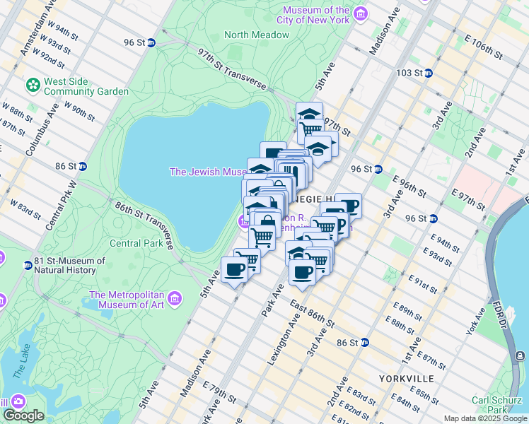 map of restaurants, bars, coffee shops, grocery stores, and more near 12 East 89th Street in New York
