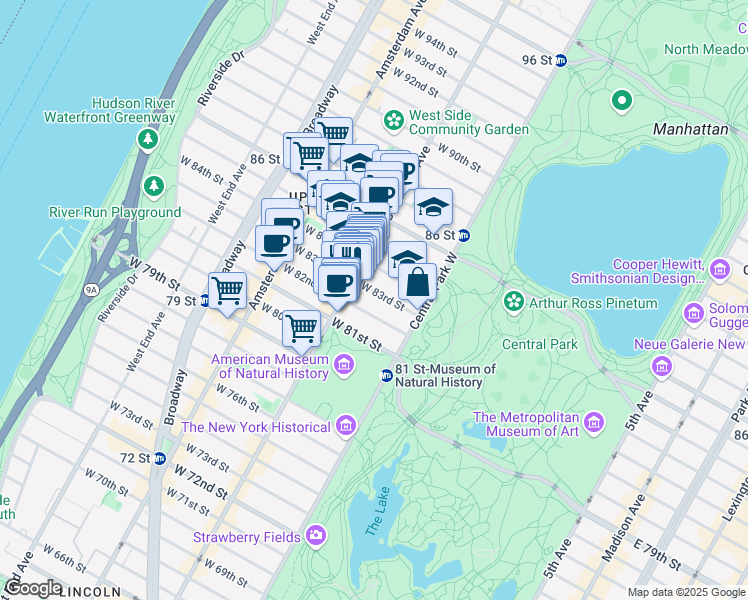 map of restaurants, bars, coffee shops, grocery stores, and more near 31 West 82nd Street in New York