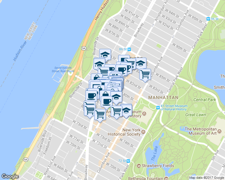 map of restaurants, bars, coffee shops, grocery stores, and more near in New York