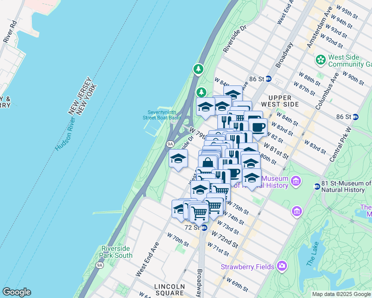 map of restaurants, bars, coffee shops, grocery stores, and more near 321 West 77th Street in New York