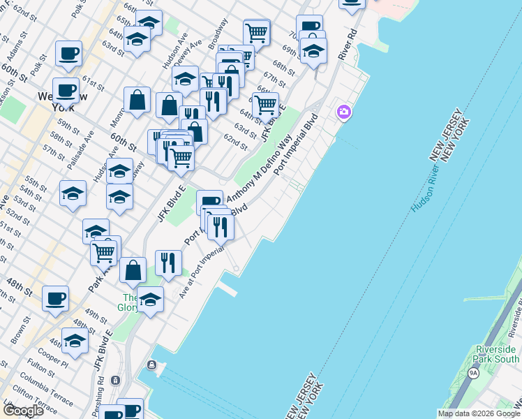 map of restaurants, bars, coffee shops, grocery stores, and more near 9 Avenue at Port Imperial in West New York