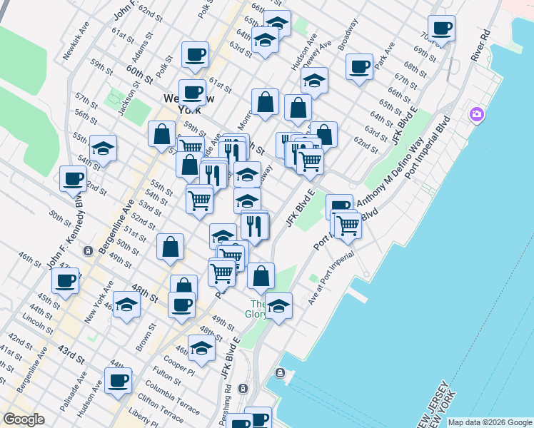 map of restaurants, bars, coffee shops, grocery stores, and more near 5601-15 Park Avenue in West New York