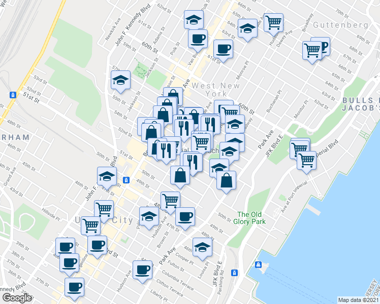 map of restaurants, bars, coffee shops, grocery stores, and more near 5311 Hudson Avenue in West New York