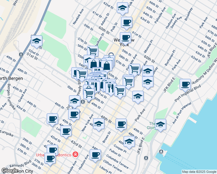 map of restaurants, bars, coffee shops, grocery stores, and more near 425 52nd Street in West New York
