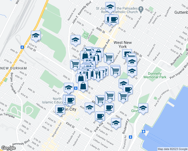 map of restaurants, bars, coffee shops, grocery stores, and more near 425 52nd Street in West New York