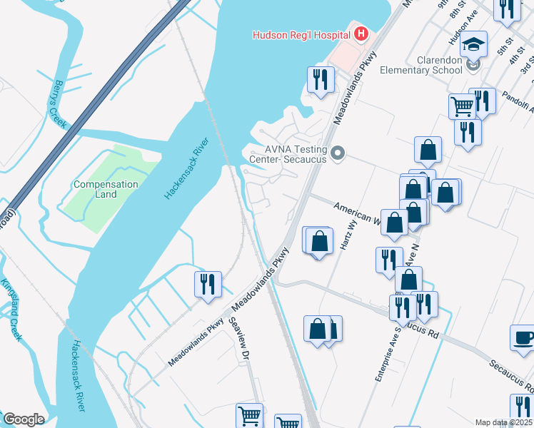 map of restaurants, bars, coffee shops, grocery stores, and more near 5 Harmon Cove Tower in Secaucus