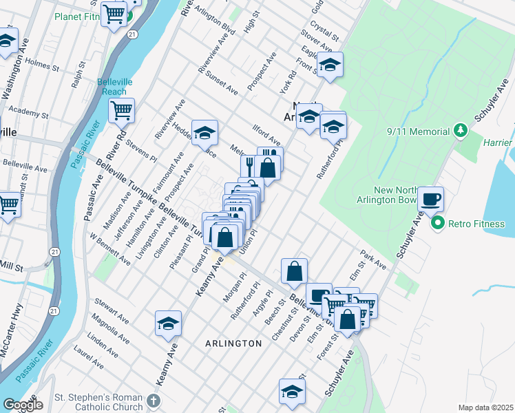 map of restaurants, bars, coffee shops, grocery stores, and more near 64 Union Place in North Arlington