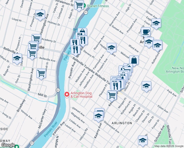 map of restaurants, bars, coffee shops, grocery stores, and more near 11 Hamilton Avenue in Kearny
