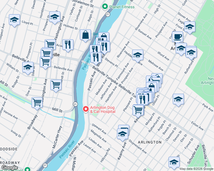 map of restaurants, bars, coffee shops, grocery stores, and more near 20 Madison Avenue in Kearny