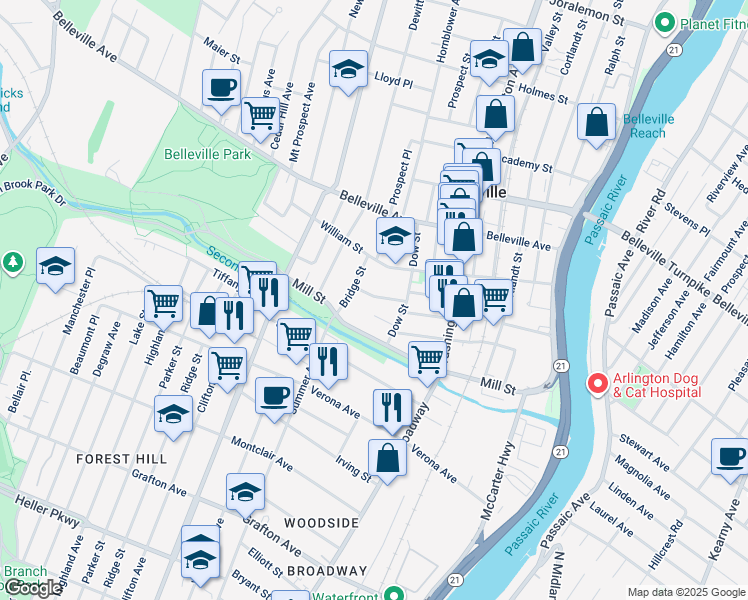 map of restaurants, bars, coffee shops, grocery stores, and more near 16 Clark Terrace in Belleville