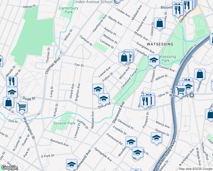 map of restaurants, bars, coffee shops, grocery stores, and more near 9 Morse Avenue in East Orange