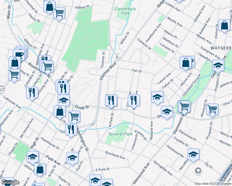 map of restaurants, bars, coffee shops, grocery stores, and more near 205 North Park Street in East Orange