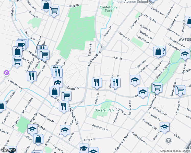 map of restaurants, bars, coffee shops, grocery stores, and more near 205 North Park Street in East Orange