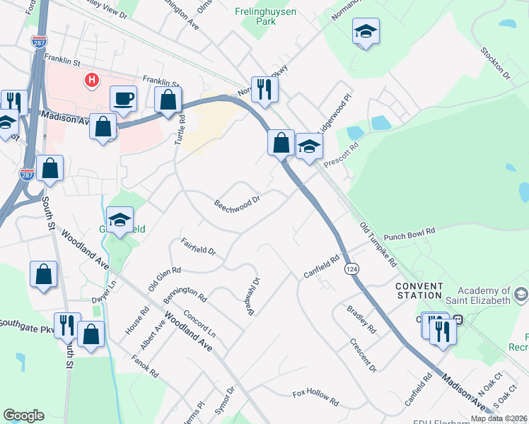 map of restaurants, bars, coffee shops, grocery stores, and more near 9 Old Glen Road in Morristown