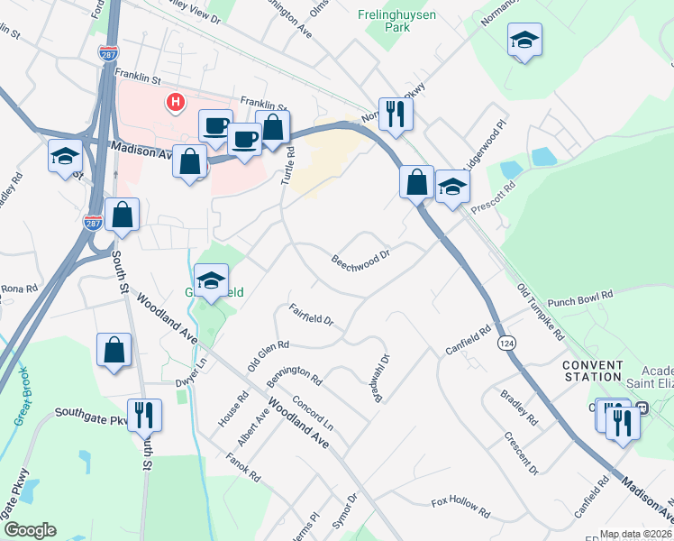 map of restaurants, bars, coffee shops, grocery stores, and more near 9 Turtle Road in Morristown