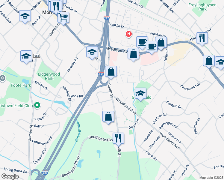 map of restaurants, bars, coffee shops, grocery stores, and more near 6 Woodland Avenue in Morristown